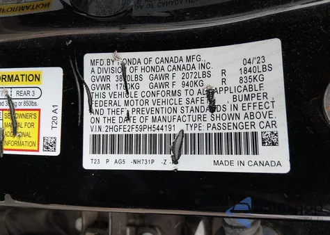 2023 Honda Civic Sport из США, поврежденный, VIN 2HGFE2F59PH544191